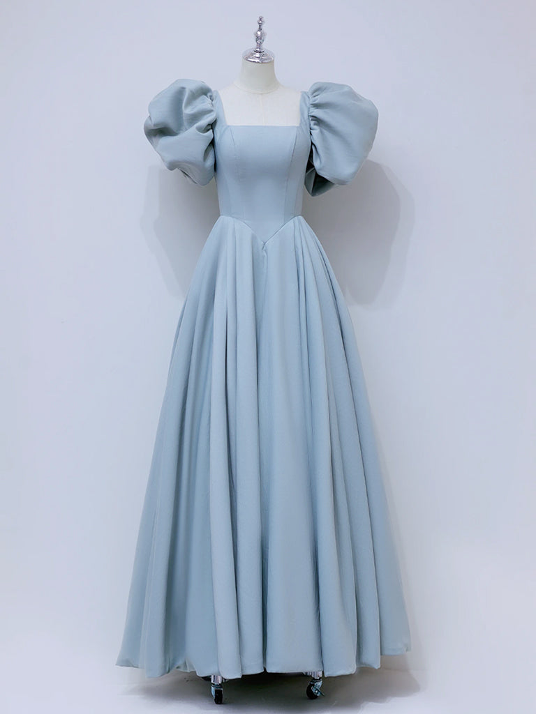 A-Line Square Neckline Puff sleeves Long Blue Prom Dress, Blue Long Fo toptby A-Line Square Neckline Puff sleeves Long Blue Prom Dress, Blue Long Fo toptby