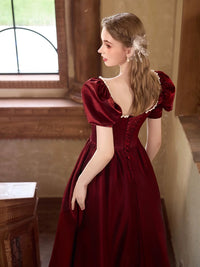 A-Line Puff Sleeves Satin Burgundy Long Prom Dress, Burgundy Long Formal Dress