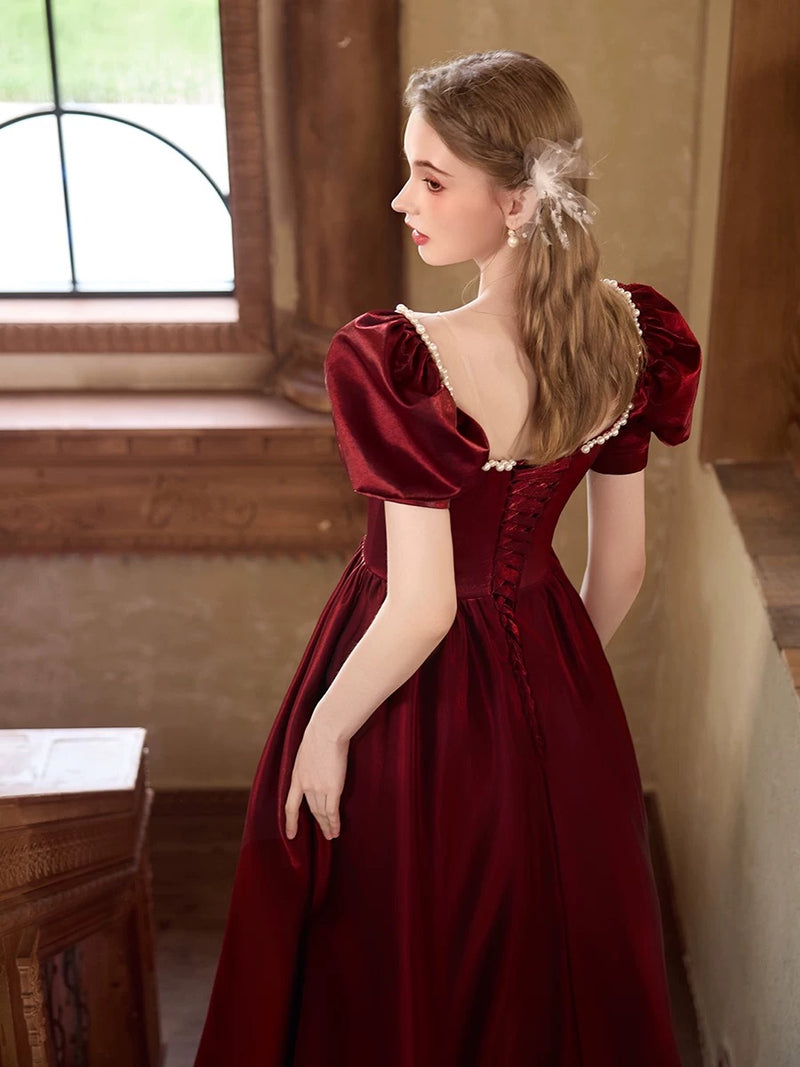 A-Line Puff Sleeves Satin Burgundy Long Prom Dress, Burgundy Long Formal Dress
