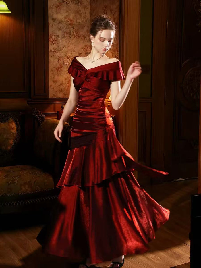 Mermaid Off Shoulder Silk Burgundy Long Prom Dress, Burgundy Formal Dress