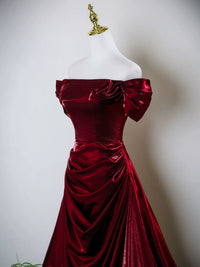 A-Line Off Shoulder Satin Burgundy Long Prom Dress, Burgundy Long Party Dress