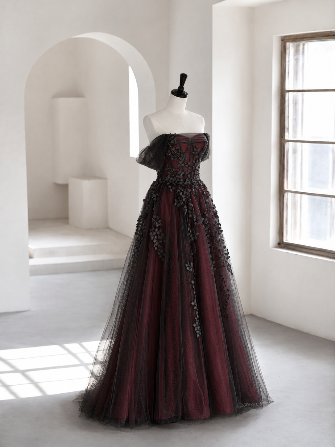 A-line Off Shoulder Tulle Lace Applique Black/Burugndy Long Prom Dress