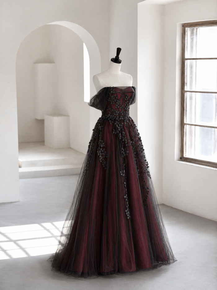 A-line Off Shoulder Tulle Lace Applique Black/Burugndy Long Prom Dress