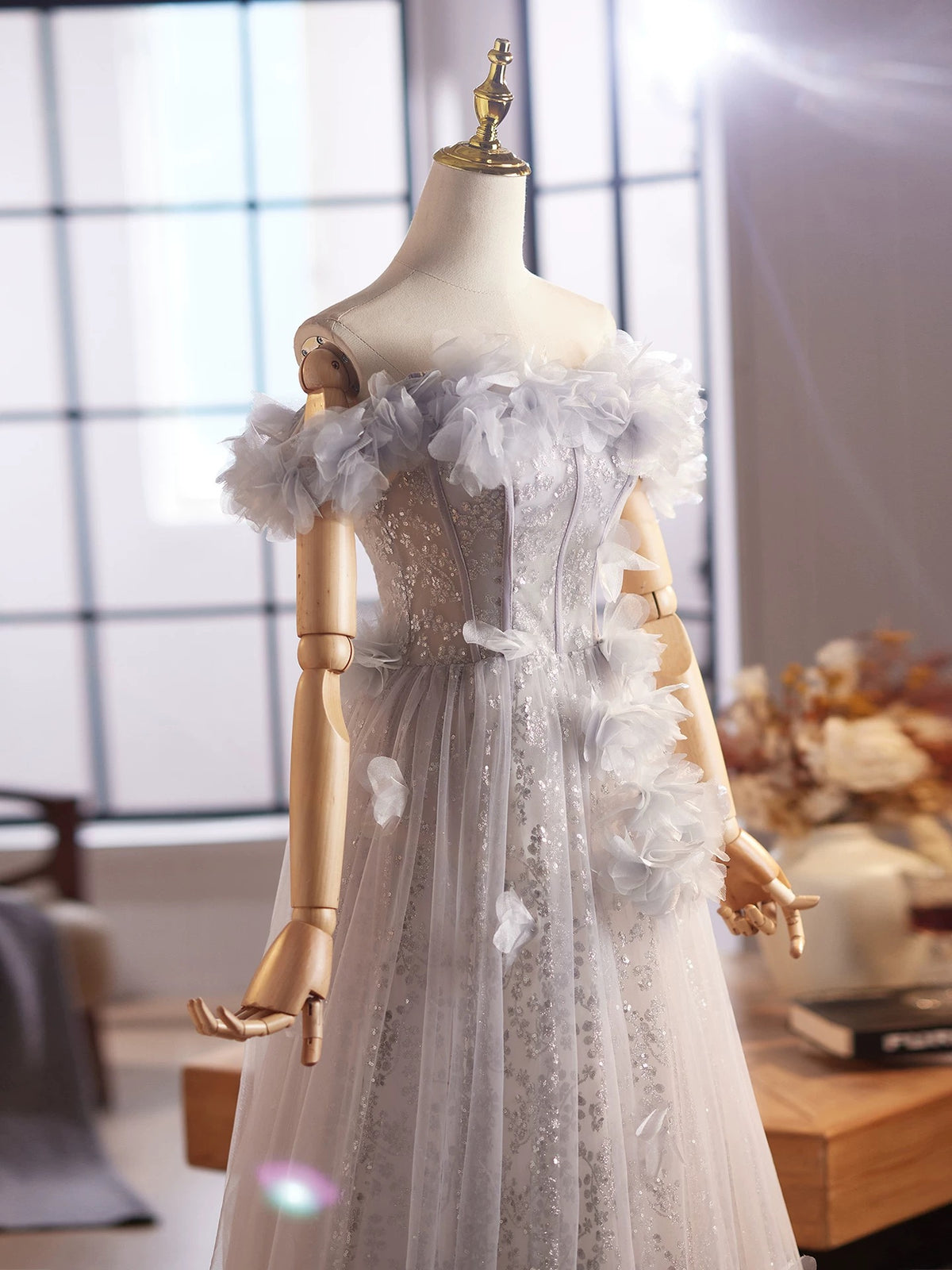 A-Line Off Shoulder Flower Tulle Gray Long Prom Dress, Gray Formal Dress