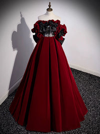 A-Line Off Shoulder Velvet Lace Burgundy Long Prom Dress, Burgundy Long Formal Dress