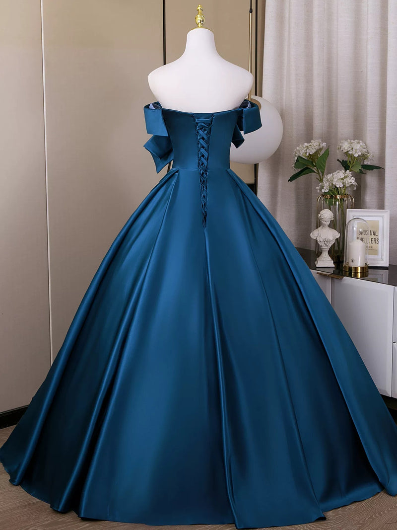 A-Line Satin Blue Long Prom Dress, Blue Long Formal Dress