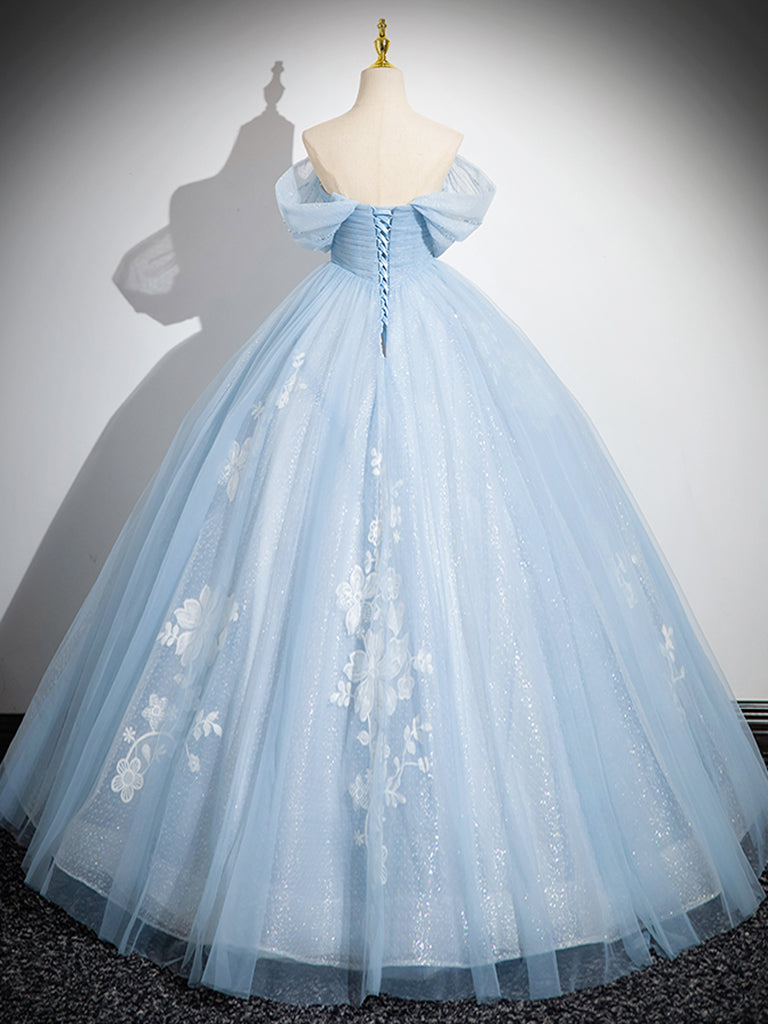 A-Line Off Shoulder Tulle Sequin Blue Long Prom Dress, Blue Sweet 16 Dress