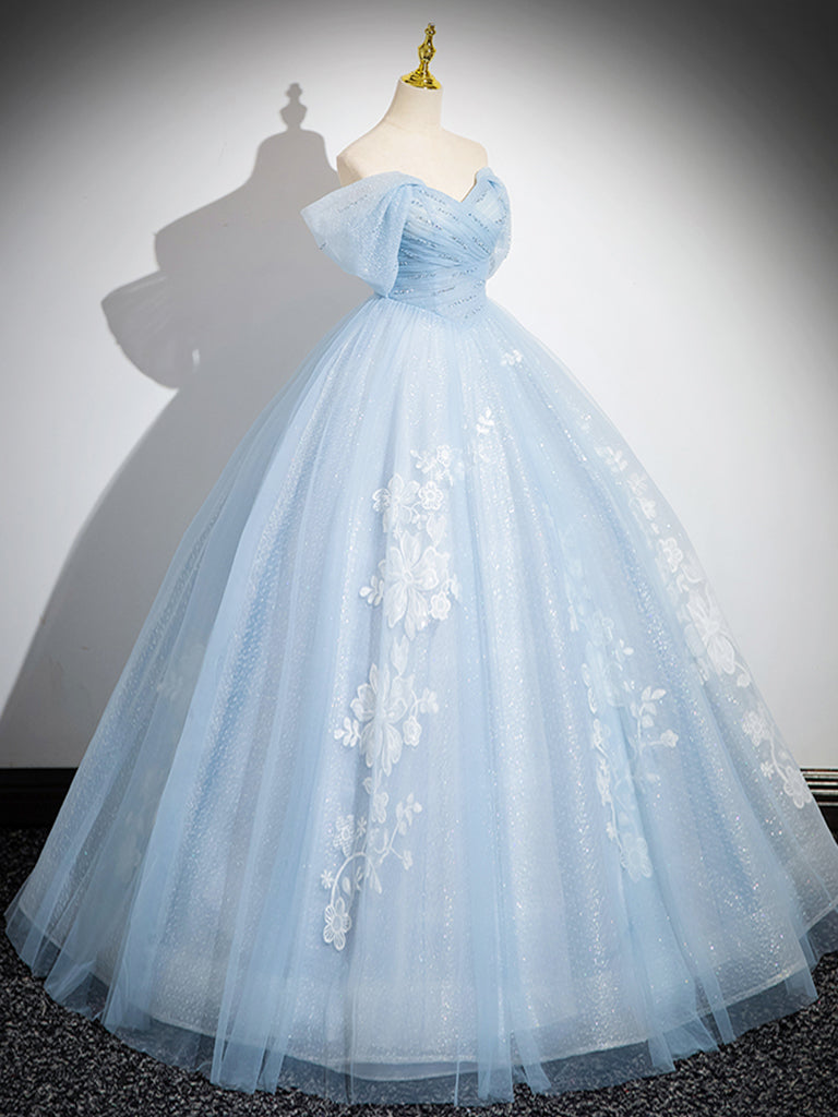 A-Line Off Shoulder Tulle Sequin Blue Long Prom Dress, Blue Sweet 16 Dress