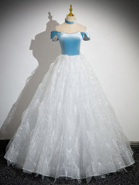 A-Line Tulle Lace White/Blue Long Prom Dress, White/Blue Long Evening Dress