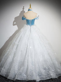 A-Line Tulle Lace White/Blue Long Prom Dress, White/Blue Long Evening Dress