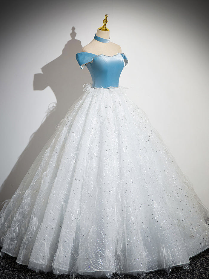 A-Line Tulle Lace White/Blue Long Prom Dress, White/Blue Long Evening Dress