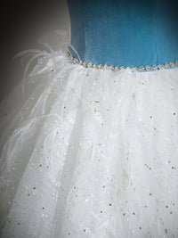 A-Line Tulle Lace White/Blue Long Prom Dress, White/Blue Long Evening Dress