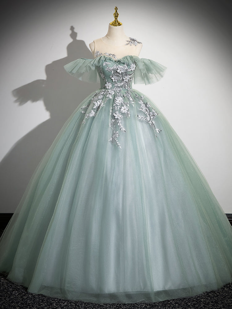 A-Line Off Shoulder Tulle Lace Green Long Prom Dress, Green Long Formal Dress