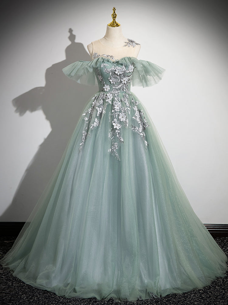 A-Line Off Shoulder Tulle Lace Green Long Prom Dress, Green Long Forma toptby A-Line Off Shoulder Tulle Lace Green Long Prom Dress, Green Long Forma toptby