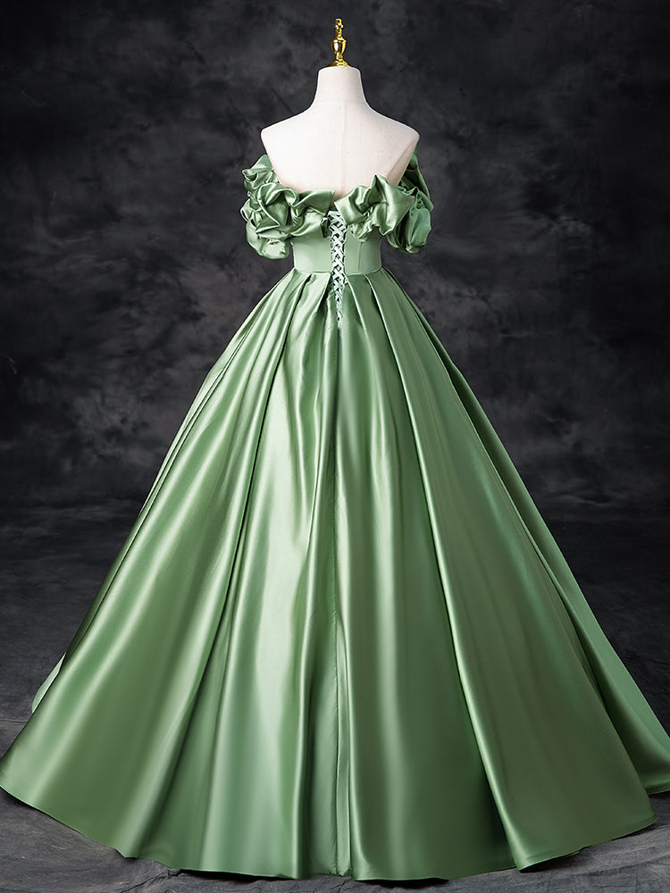 A-Line Off Shoulder Satin Green Long Prom Dress, Green Long Formal Dress