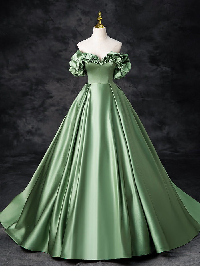 A-Line Off Shoulder Satin Green Long Prom Dress, Green Long Formal Dress