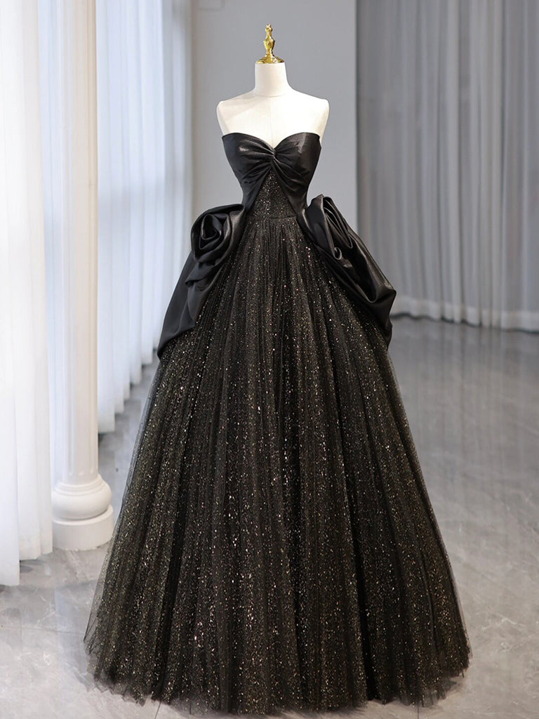 Black Sweetheart Neck Satin Tulle Long Prom Dress, Black Long Formal D