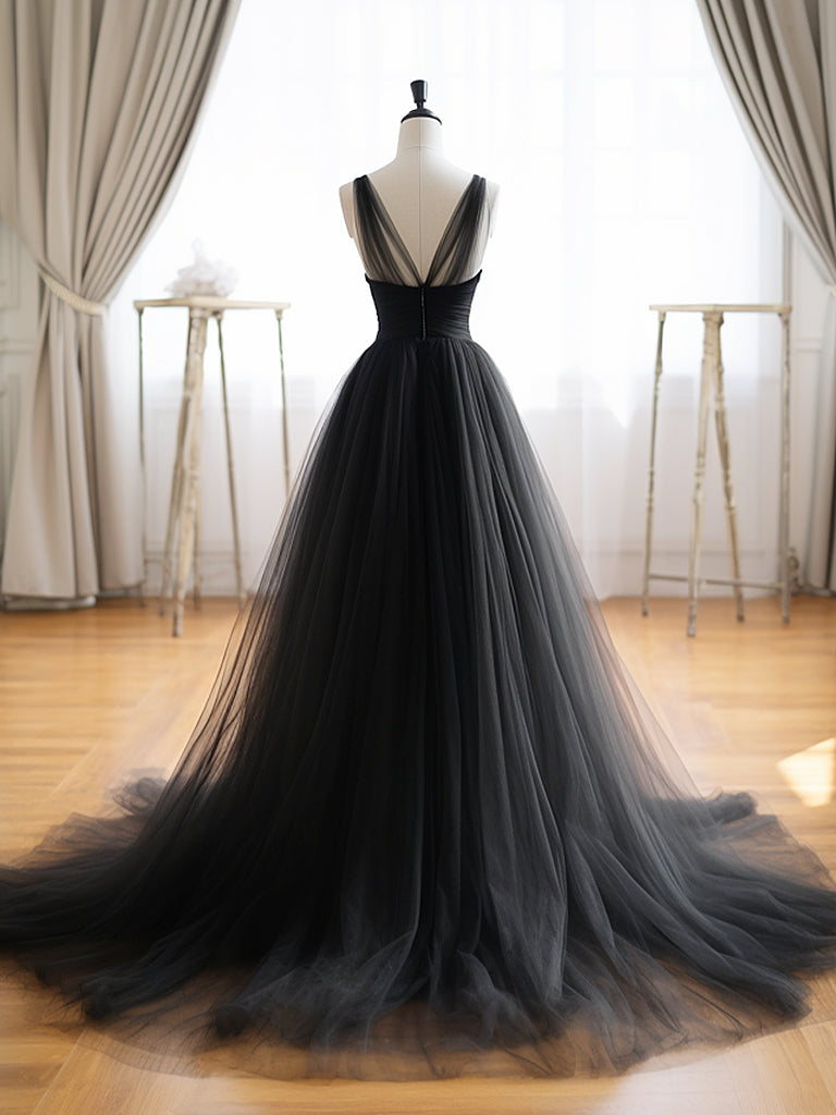 A-Line V Neck Tulle Black Long Prom Dress, Black Long Formal Dress