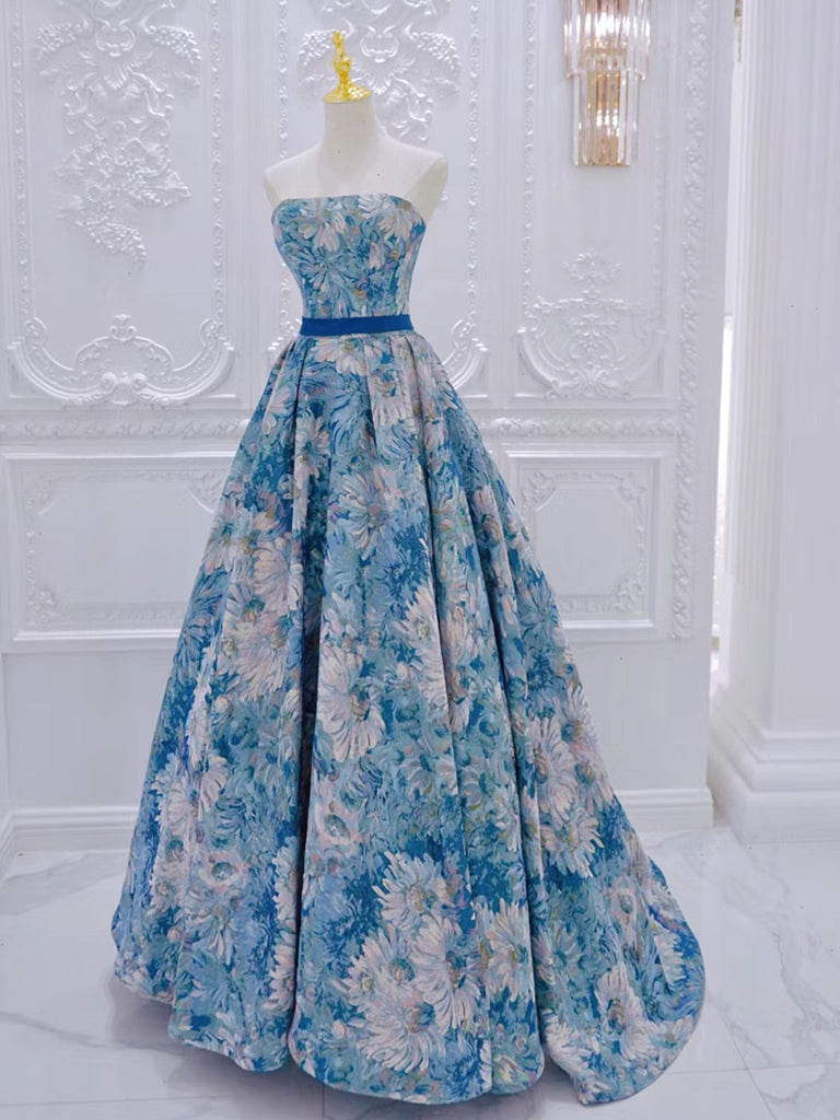 A-Line Flower Satin Blue Long Prom Dress, Blue Long Formal Dress