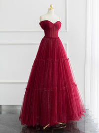 A-Line Tulle Burgundy Long Prom Dress, Tulle Long Formal Dress