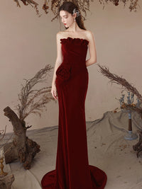 Mermaid Velvet Burgundy Long Prom Dress, Burgundy Long Formal Dress