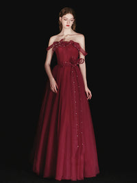 A-Line Off Shoulder Tulle Long Burgundy Prom Dress, Burgundy Long Formal Dress