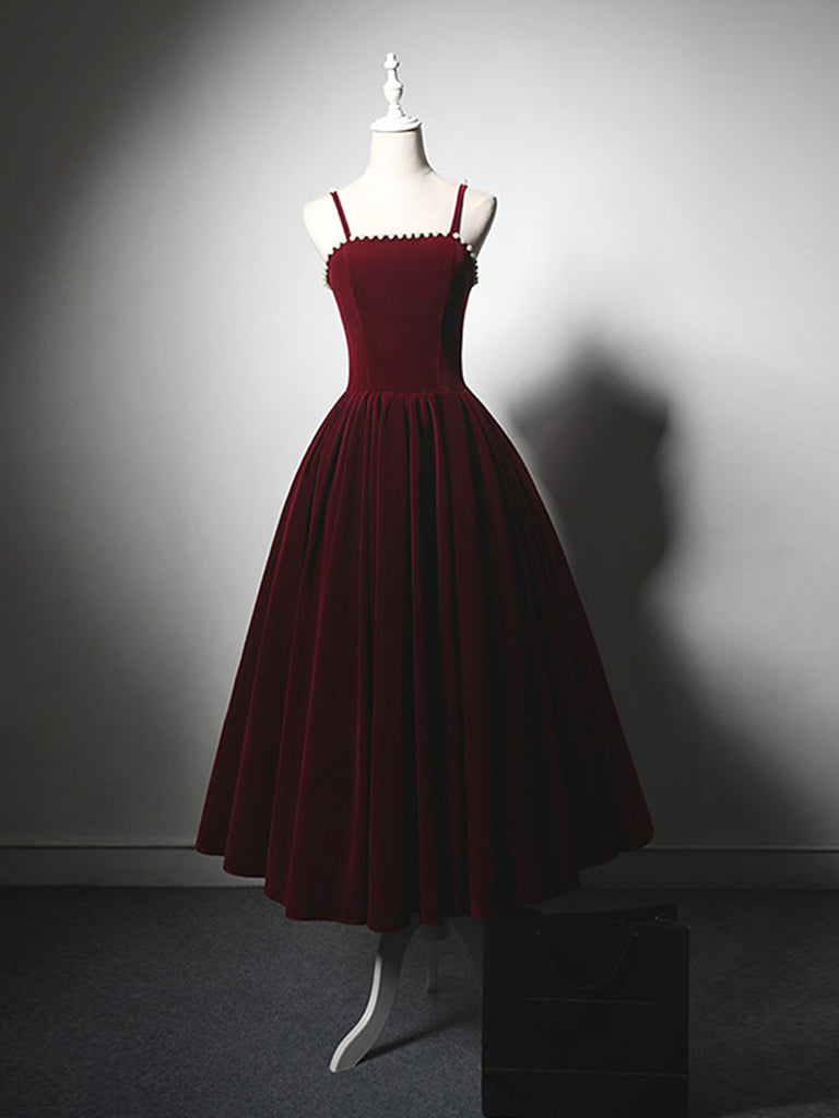 A-Line Velvet Tea Length Burgundy Prom Dress, Burgundy Cocktail Dress – toptby