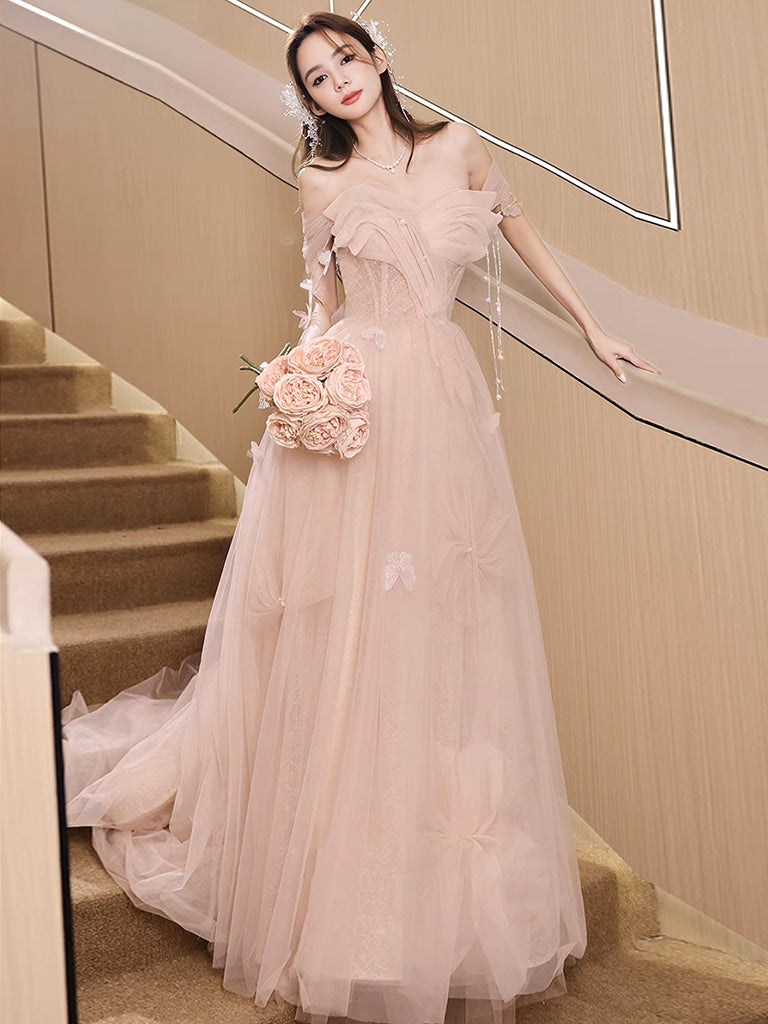 Champagne Off Shoulder Tulle Sequin Long Prom Dress, Champagne Evening Dress