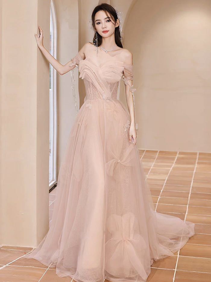 Champagne Off Shoulder Tulle Sequin Long Prom Dress, Champagne Evening Dress