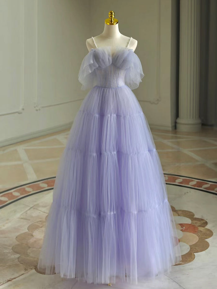 A-Line  Purple Tulle Purple Long Prom Dress, Purple Long Formal Dress
