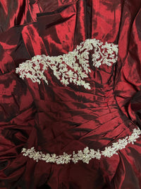 Ball Gown Sweetheart Taffeta Ruffles Burgundy Long Prom Gown with Lace Applique