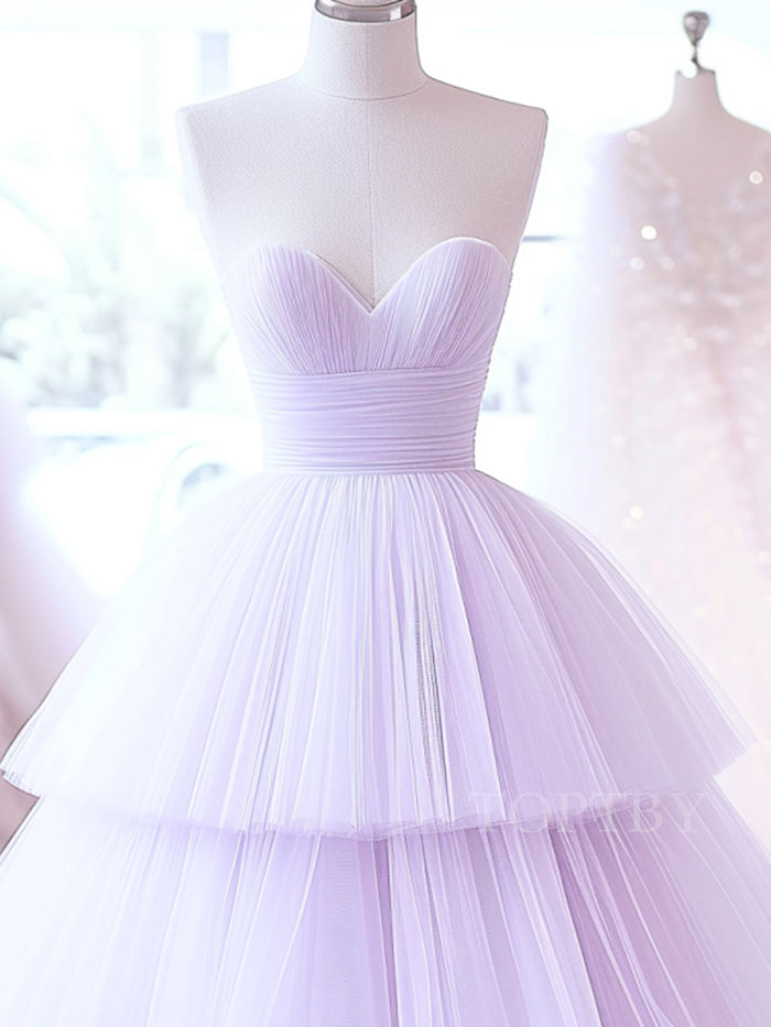 A-Line Sweetheart Neck Tulle Purple Long Prom Dress, Purple Long Formal Dress