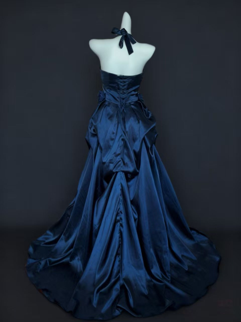 A-line Satin irregular Dark Blue Long Prom Dress