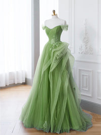 A-Line Tulle Lace Green Long Prom Dress, Green lace Long Formal Dress