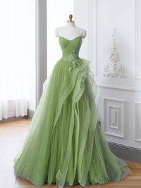 A-Line Tulle Lace Green Long Prom Dress, Green lace Long Formal Dress