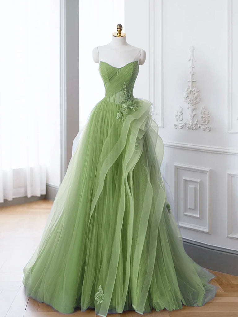 A-Line Tulle Lace Green Long Prom Dress, Green lace Long Formal Dress ...