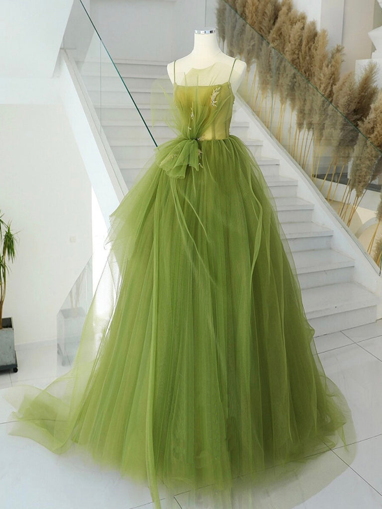 Green Tulle Long Prom Gown, Green Tulle Long Evening Dress