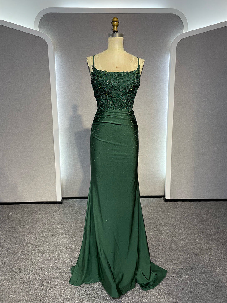 Simple Backless Mermaid Lace Green Long Prom Dress, Green Formal Dress