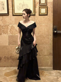 Mermaid Off Shoulder Floor Length Satin Black Prom Dress