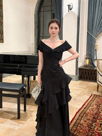 Mermaid Off Shoulder Floor Length Satin Black Prom Dress