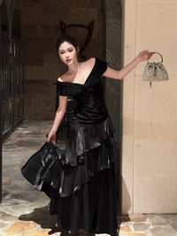Mermaid Off Shoulder Floor Length Satin Black Prom Dress