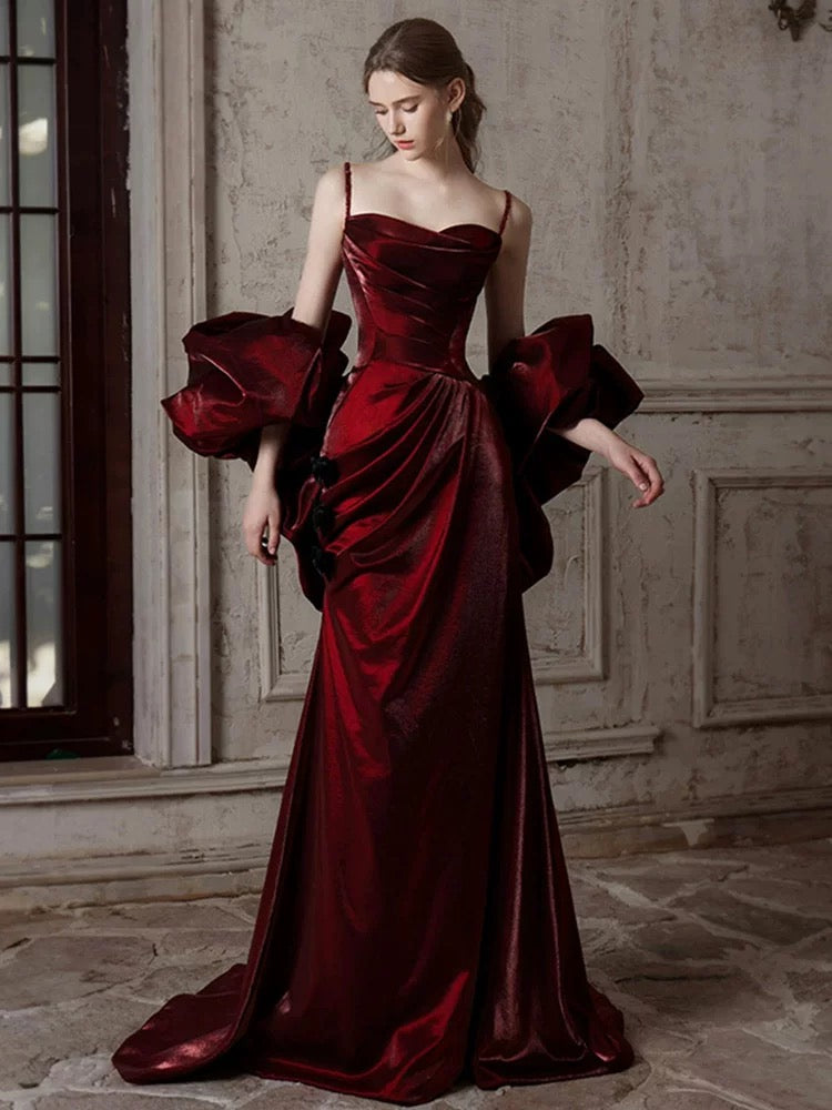 Mermaid Sweetheart Sweep Train Satin Puff sleeves Burgundy Prom Dress