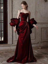 Mermaid Sweetheart Sweep Train Satin Puff sleeves Burgundy Prom Dress