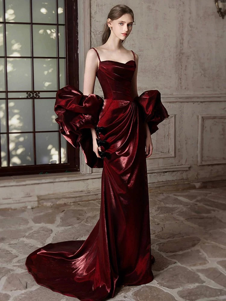 Mermaid Sweetheart Sweep Train Satin Puff sleeves Burgundy Prom Dress