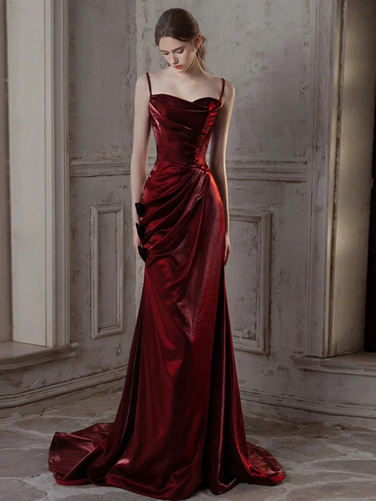 Mermaid Sweetheart Sweep Train Satin Puff sleeves Burgundy Prom Dress