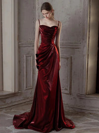 Mermaid Sweetheart Sweep Train Satin Puff sleeves Burgundy Prom Dress