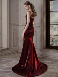Mermaid Sweetheart Sweep Train Satin Puff sleeves Burgundy Prom Dress