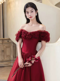 A-Line Off Shoulder Satin Tulle Burgundy Long Prom Dress