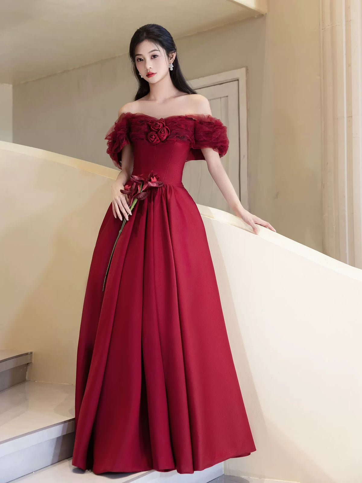 A-Line Off Shoulder Satin Tulle Burgundy Long Prom Dress
