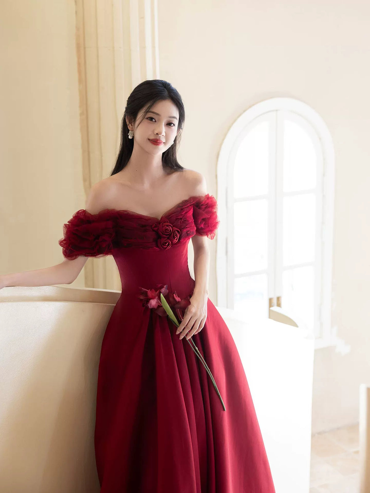 A-Line Off Shoulder Satin Tulle Burgundy Long Prom Dress